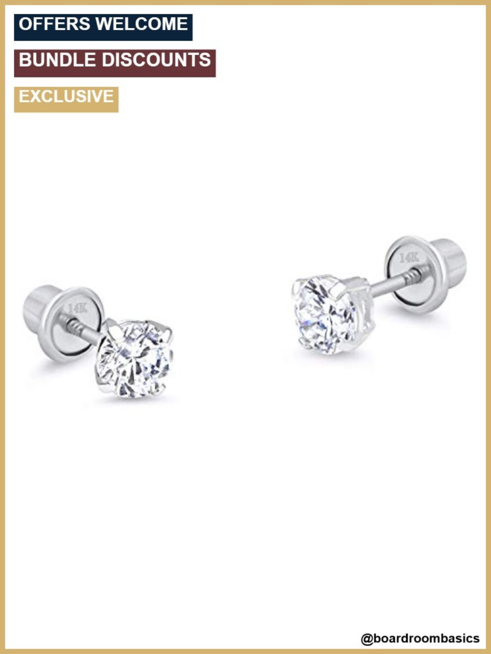 14k White Gold Children Screw Back Stud Earrings with Cubic Zirconia